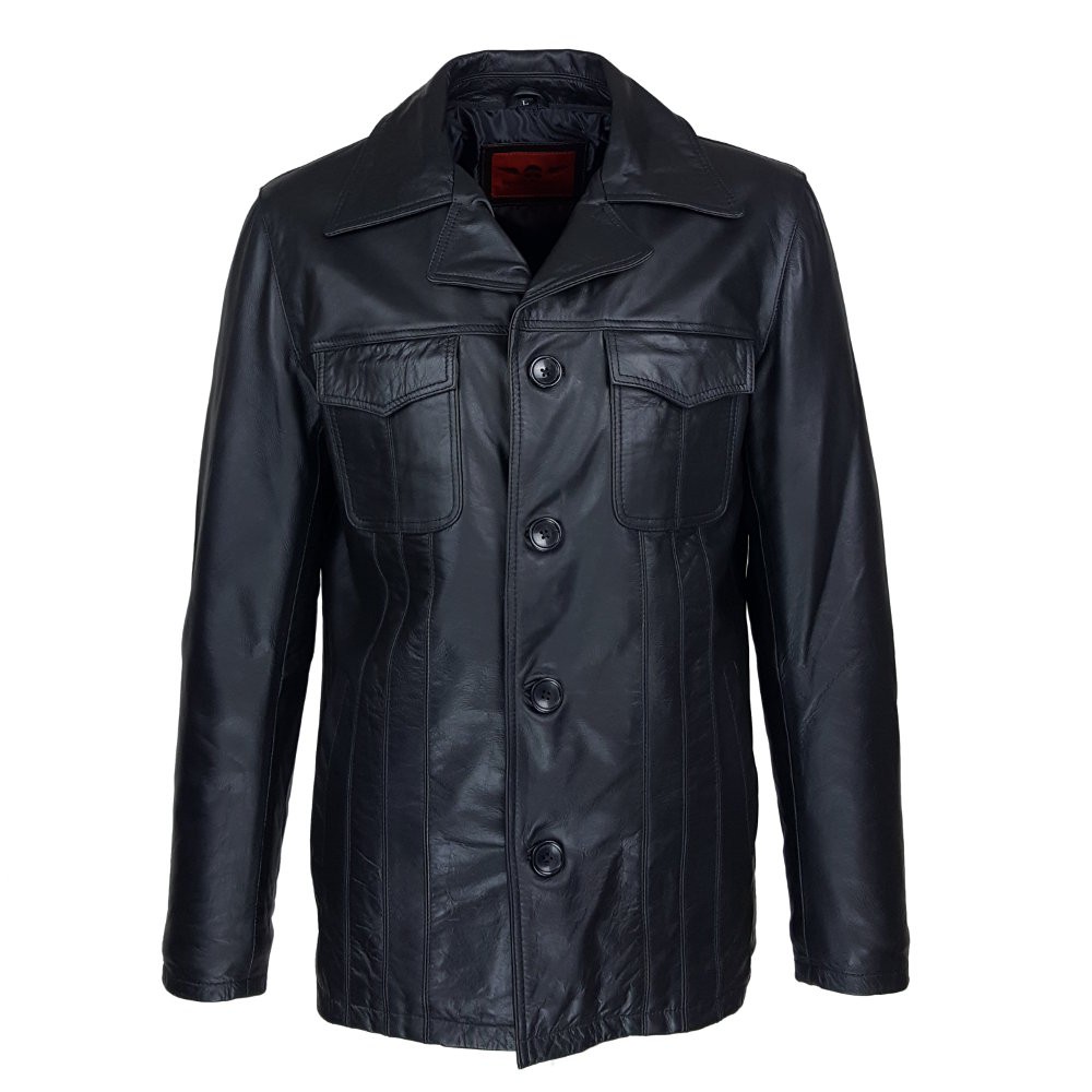 veste homme cuir cookes quatre boutons vue de face fermer col amovible