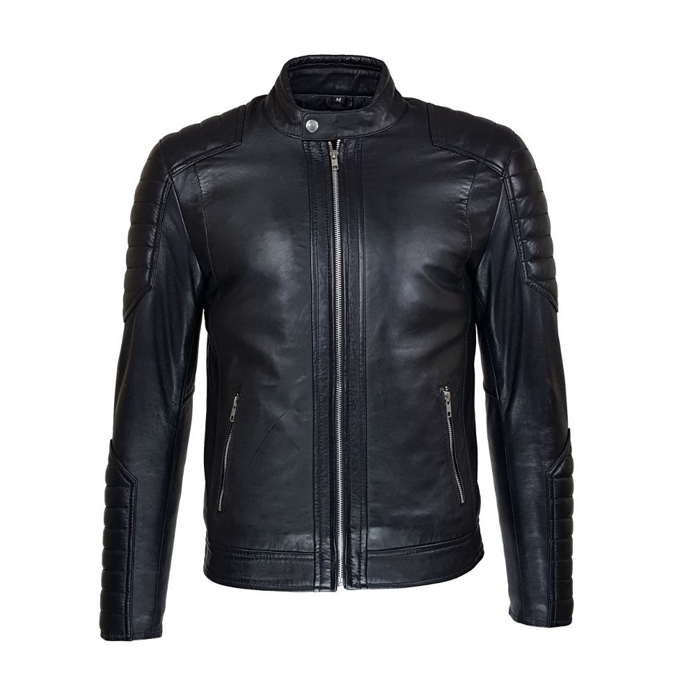 blouson homme en cuir d'agneau à col rond motard