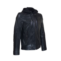 blouson homme  cuir col rond style motard tema vue de  tiers capuche