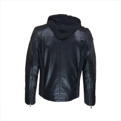 blouson homme  cuir col rond style motard tema vue de dos capuche