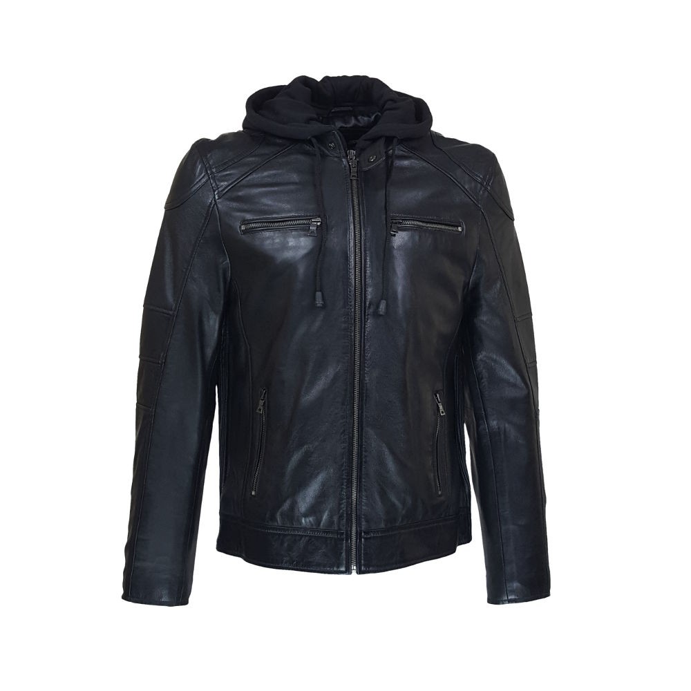 blouson homme  cuir col rond style motard tema vue de face capuche