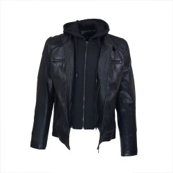 blouson homme  cuir col rond style motard tema vue de face ouvert capuche