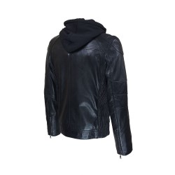 blouson homme  cuir col rond style motard tema vue de trois tiers capuche