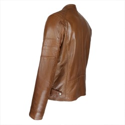 blouson cuir style motard castagne vue de deux tiers