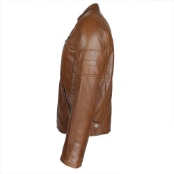 blouson cuir style motard castagne vue de cote