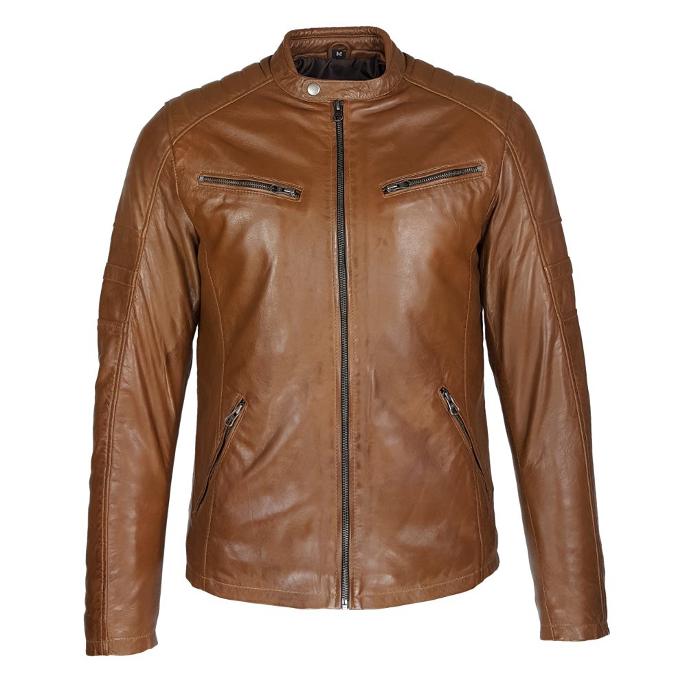 blouson cuir style motard castagne vue de face