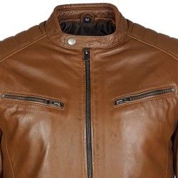 blouson cuir style motard castagne vue de gros plan