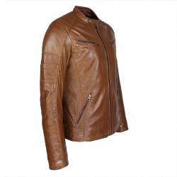 blouson cuir style motard castagne vue de profil