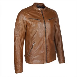 blouson cuir style motard castagne vue de tiers