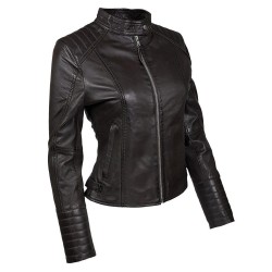 blouson femme à col rond style motard coco vue de tiers