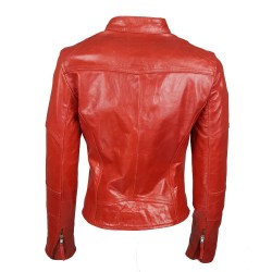 blouson en cuir de buffle col rond rouge brillant vue de dos