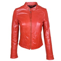 blouson en cuir de buffle col rond rouge brillant vue de face