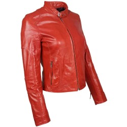 blouson en cuir de buffle col rond rouge brillant vue de profil