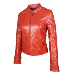 blouson en cuir de buffle col rond rouge brillant vue de tiers