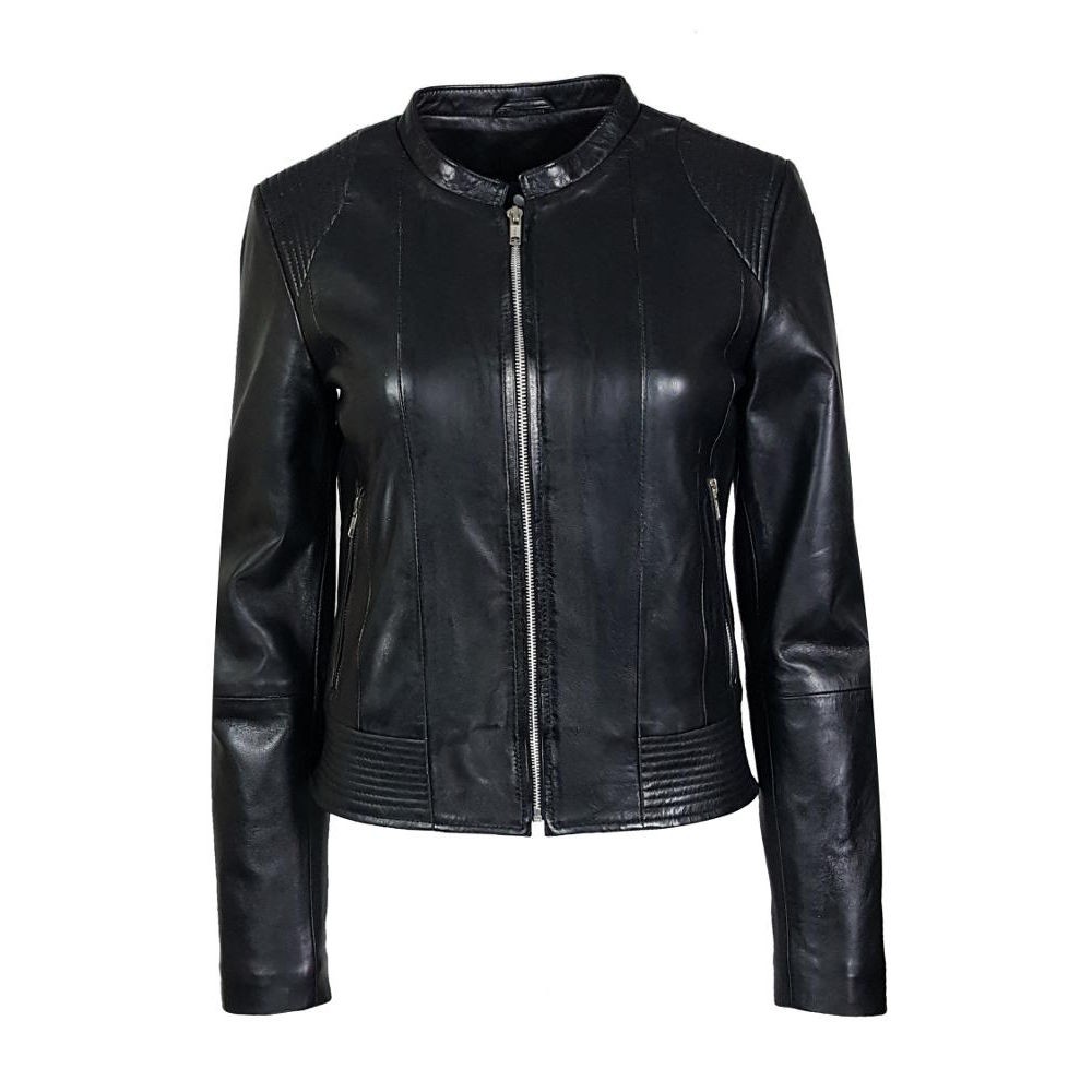 blouson femme en cuir à col rond style motard alonzo vue de face