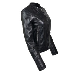 blouson femme en cuir à col rond style motard alonzo vue de profil