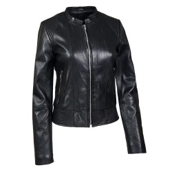 blouson femme en cuir à col rond style motard alonzo vue de tiers