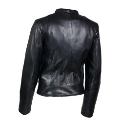 blouson femme en cuir à col rond style motard alonzo vue trois tiers