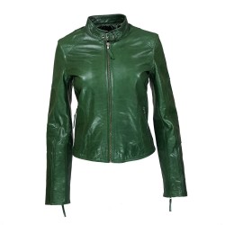 blouson femme en cuir de buffle monzo  col rond green vue de face