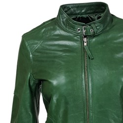 blouson femme en cuir de buffle monzo  col rond green vue de gros plan