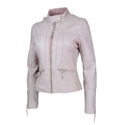 veste femme  en cuir lelo à col rond vue trois tiers