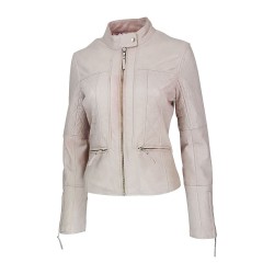 veste femme  en cuir lelo à col rond vue de profil