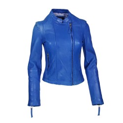 blouson femme en cuir d'agneau à col rond style motard berko vue de face