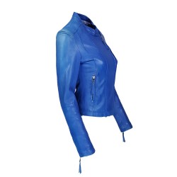 blouson femme en cuir d'agneau à col rond style motard berko vue de profil