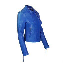 blouson femme en cuir d'agneau à col rond style motard berko vue deux tierce