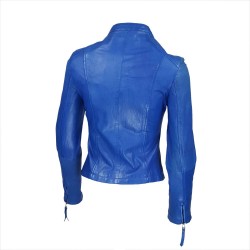 blouson femme en cuir d'agneau à col rond style motard berko vue de quatre