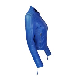 blouson femme en cuir d'agneau à col rond style motard berko vue de tiers