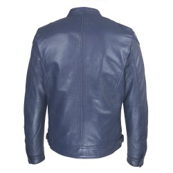 blouson cuir homme motard bleu vue de dos