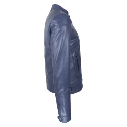 blouson cuir homme motard bleu vue de cote