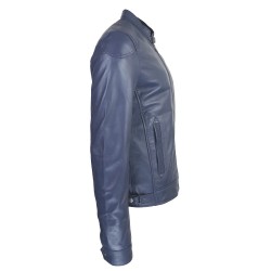 blouson cuir homme motard bleu vue de profil