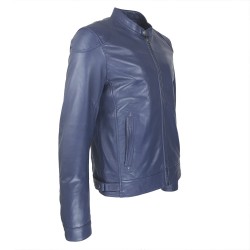 blouson cuir homme motard bleu vue deux tiers