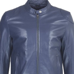 blouson cuir homme motard bleu vue gros plan