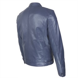 blouson cuir homme motard bleu vue trois tiers