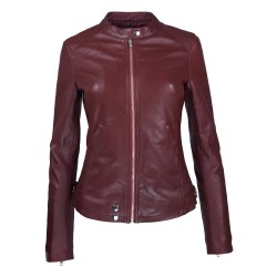 blouson femme cuir jason style motard bordeau vue de face