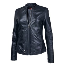 blouson cuir femme jason style motard noir vue de face ouvert entouré