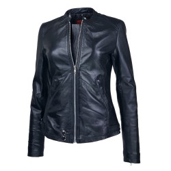 blouson cuir femme jason style motard noir vue de face ouvert