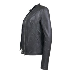 blouson cuir femme jason gris style motard  vue de cote ouvert