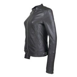 blouson cuir femme jason gris style motard  vue de cote