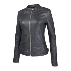 blouson cuir femme jason gris style motard  vue de tiers