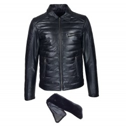 blouson cuir homme aviateur matelasse avec col noir vue de face