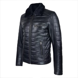 blouson cuir homme aviateur matelasse noir vue de tiers