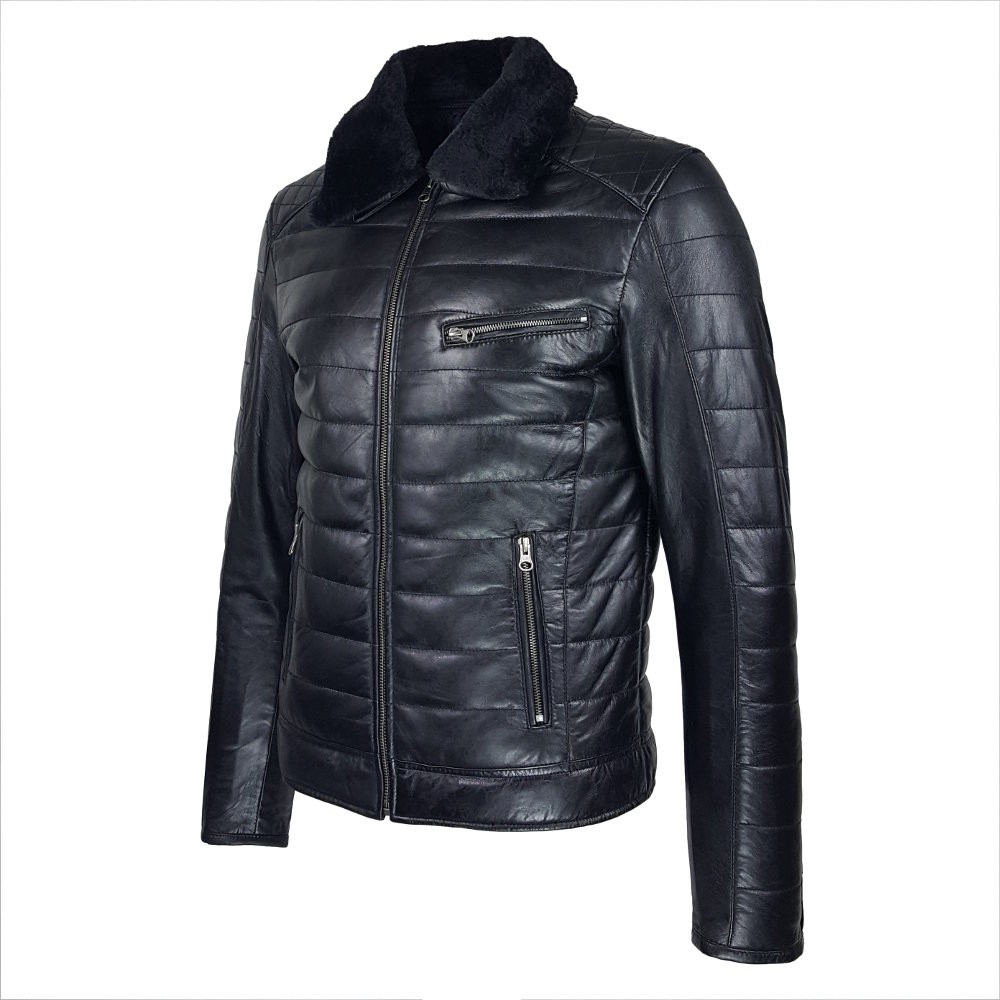quilted aviator leather jacket with removable collar