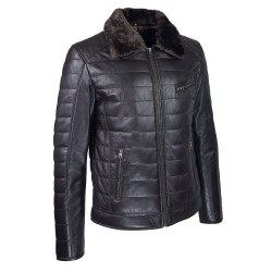 blouson cuir homme aviateur matelasse col marron vue de tiers