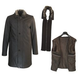 veste cuir homme trois quart quatre boutons col amovible marron vaisseau vue de detail