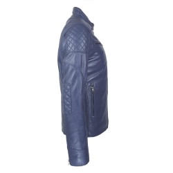 blouson cuir homme motard bleu vue de cote