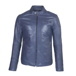 blouson cuir homme motard bleu vue de face